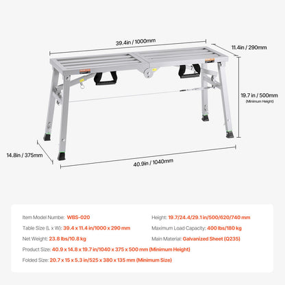 Work Platform, 3 Gear Adjustable Height, Folding Alloy Steel Step Ladder, Portable Scaffolding Platform, 400 lb Load Capacity, Non-Slip Rubber Feet, Drywall Painting Stool, for Cleaning &Washing