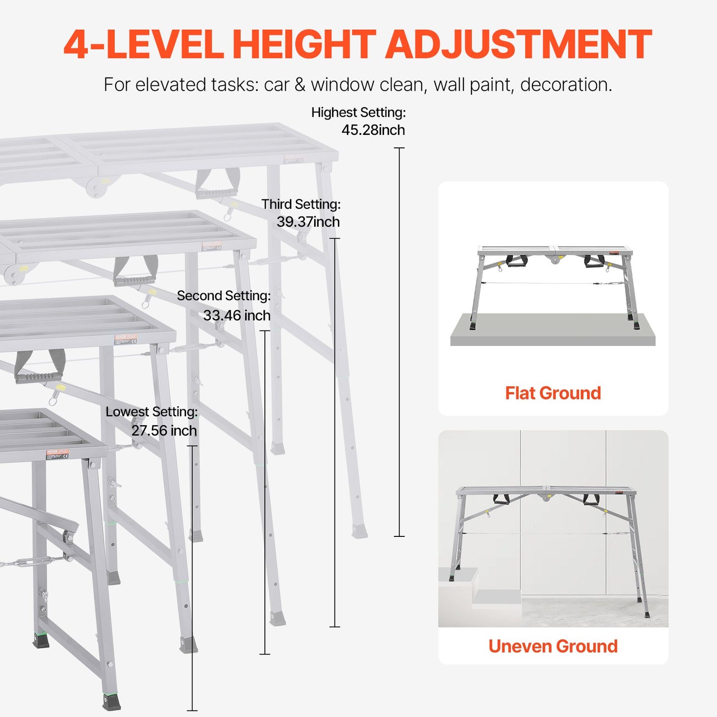 Work Platform, 4 Gear Adjustable Height, Folding Alloy Steel Step Ladder, Portable Scaffolding Platform, 800 lb Load Capacity, Non-Slip Rubber Feet, Drywall Painting Stool, Cleaning & Washing