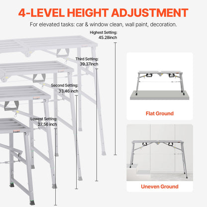 Work Platform, 4 Gear Adjustable Height, Folding Alloy Steel Step Ladder, Portable Scaffolding Platform, 800 lb Load Capacity, Non-Slip Rubber Feet, Drywall Painting Stool, Cleaning & Washing