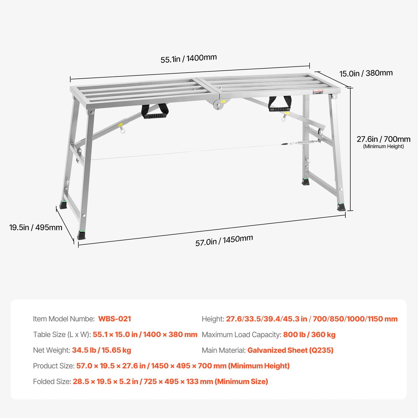 Work Platform, 4 Gear Adjustable Height, Folding Alloy Steel Step Ladder, Portable Scaffolding Platform, 800 lb Load Capacity, Non-Slip Rubber Feet, Drywall Painting Stool, Cleaning & Washing