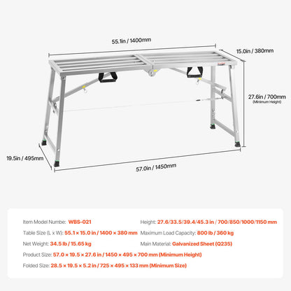 Work Platform, 4 Gear Adjustable Height, Folding Alloy Steel Step Ladder, Portable Scaffolding Platform, 800 lb Load Capacity, Non-Slip Rubber Feet, Drywall Painting Stool, Cleaning & Washing