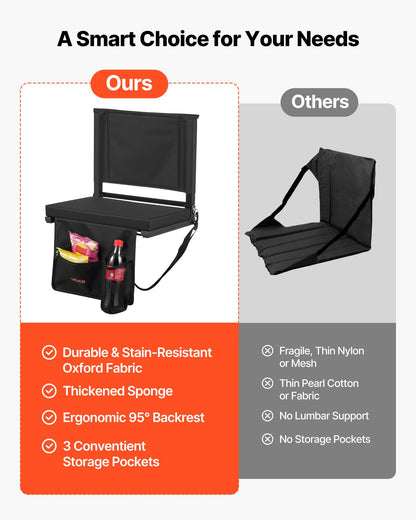 Stadium Seat, Folding Bleacher Chair with Back Support and Thick Cushion, Padded Stadium Seat for Bleacher Includes Shoulder Strap, Hooks, Cup Holder, and Side Pocket, Black Bleachers Chair