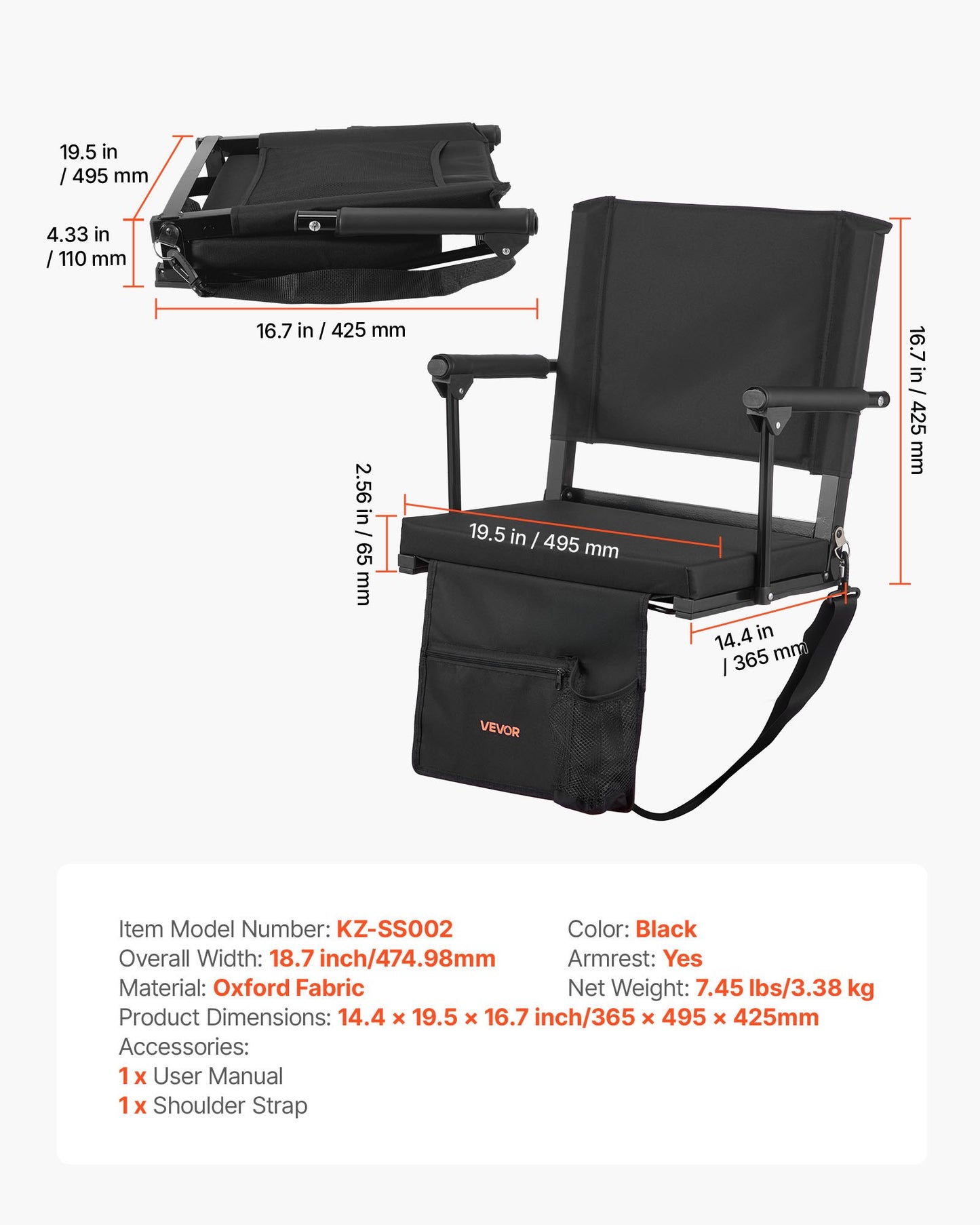 Stadium Seat, Portable Bleacher Seat with Armrest, Back Support and Thick Cushion, Bench Chair for Bleacher Includes Shoulder Strap, Hooks, Cup Holder, Black Football Bleachers Seats, 1PCS