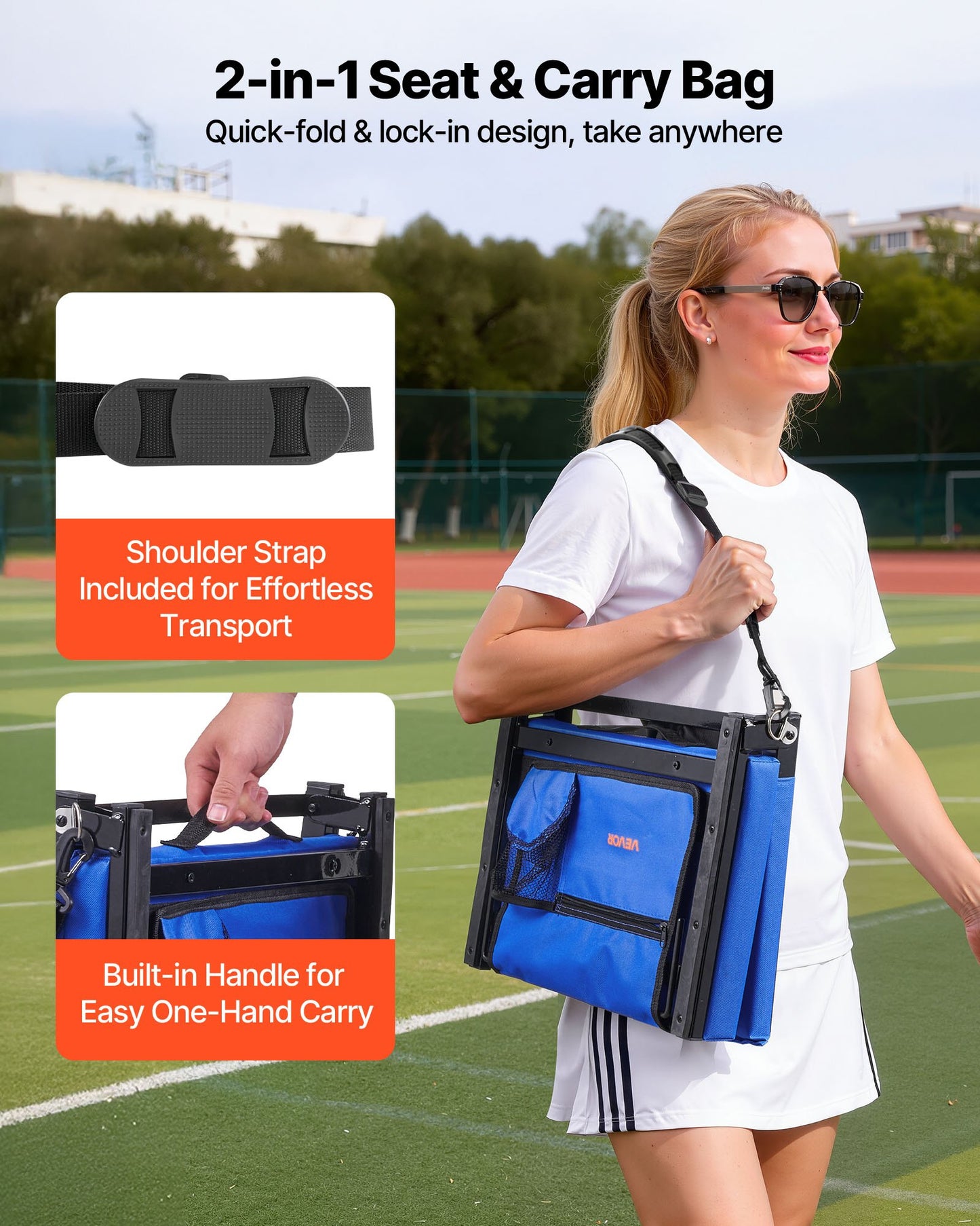 Stadium Seat, Folding Bleacher Chair with Back Support and Thick Cushion, Padded Stadium Seat for Bleacher Includes Shoulder Strap, Hooks, Cup Holder, and Side Pocket, Blue Bleachers Chair