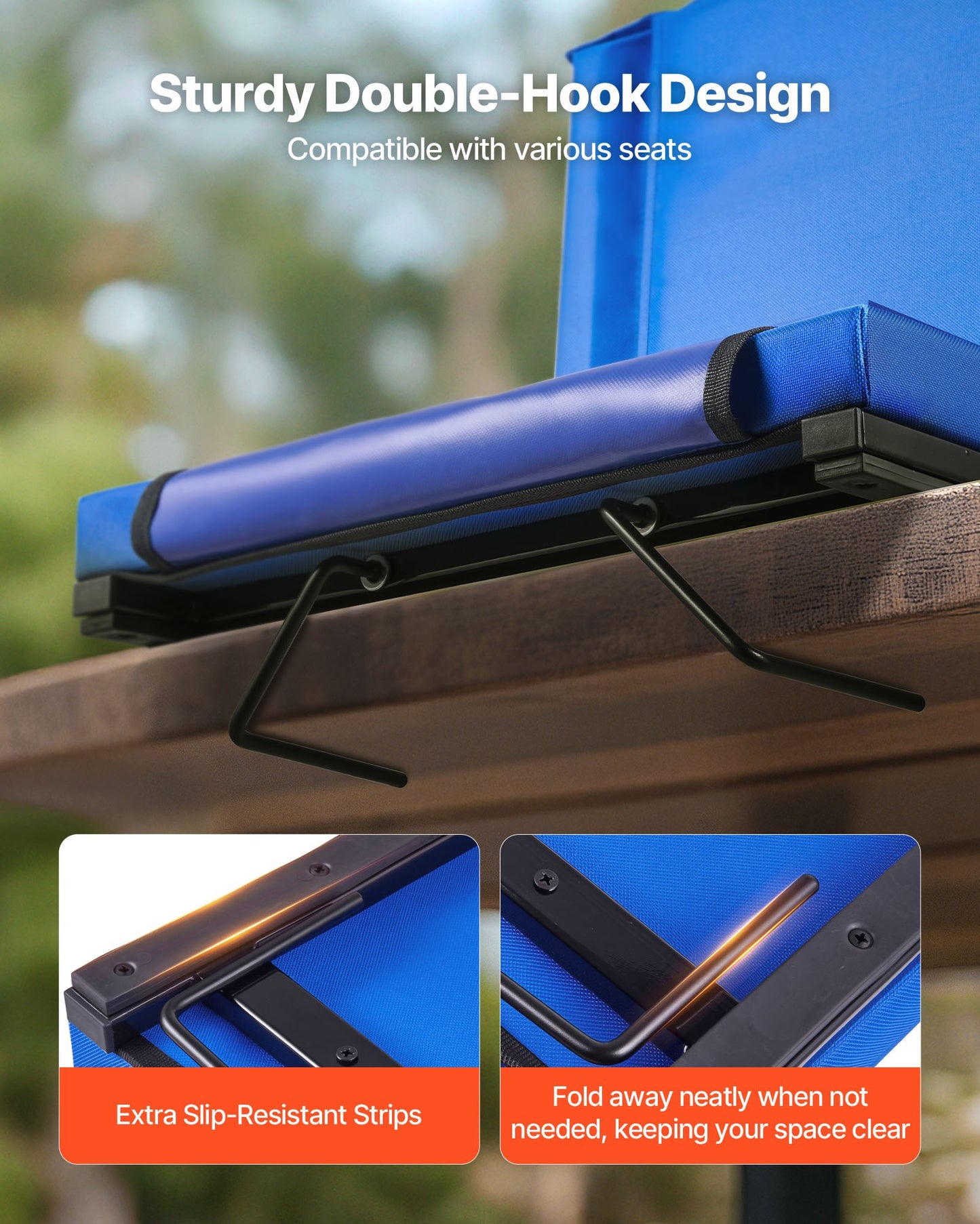 Stadium Seat, Folding Bleacher Chair with Back Support and Thick Cushion, Padded Stadium Seat for Bleacher Includes Shoulder Strap, Hooks, Cup Holder, and Side Pocket, Blue Bleachers Chair