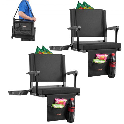 Stadium Seat, Portable Bleacher Seat with Armrest, Back Support and Thick Cushion, Bench Chair for Bleacher Includes Shoulder Strap, Hooks, Cup Holder, Black Football Bleachers Seats, 2PCS