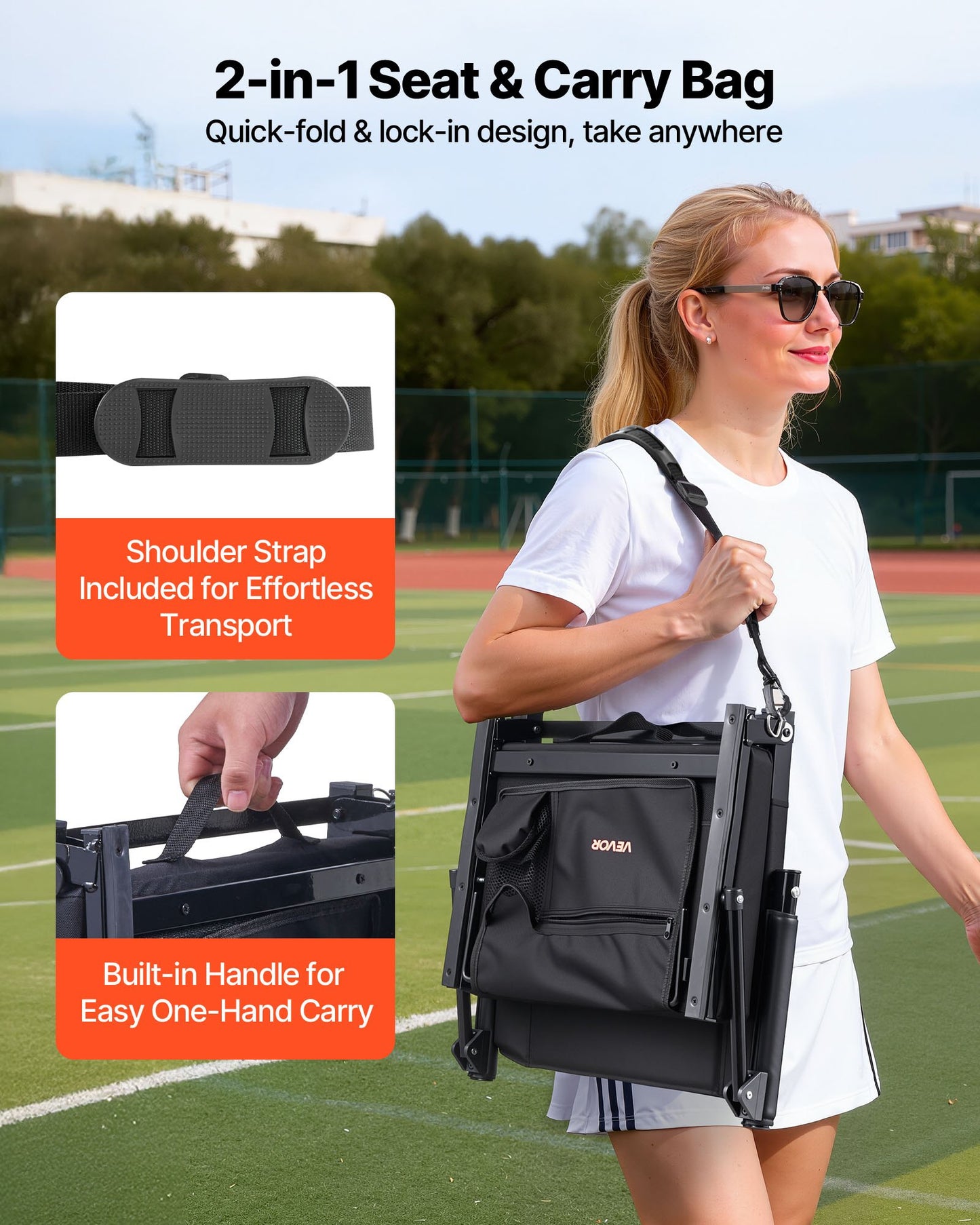 Stadium Seat, Portable Bleacher Seat with Armrest, Back Support and Thick Cushion, Bench Chair for Bleacher Includes Shoulder Strap, Hooks, Cup Holder, Black Football Bleachers Seats, 2PCS