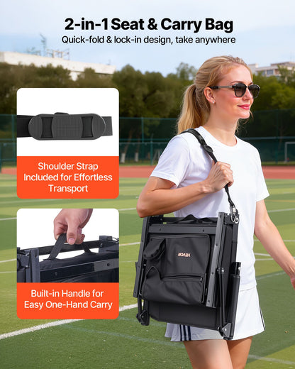 Stadium Seat, Portable Bleacher Seat with Armrest, Back Support and Thick Cushion, Bench Chair for Bleacher Includes Shoulder Strap, Hooks, Cup Holder, Black Football Bleachers Seats, 2PCS