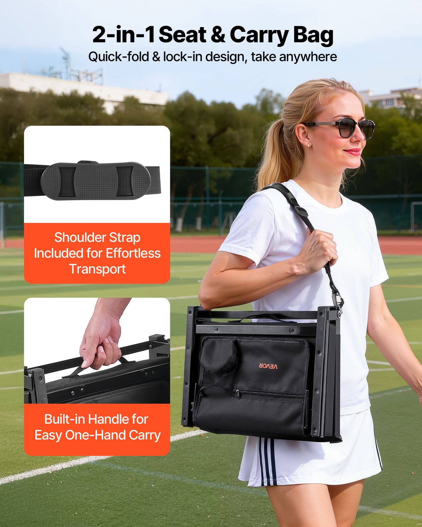 Stadium Seat, Folding Bleacher Seat with Back Support and Thick Cushion, Padded Stadium Seats for Bleacher Includes Shoulder Strap, Hooks, Cup Holder, and Side Pocket, Black Bleachers Chair
