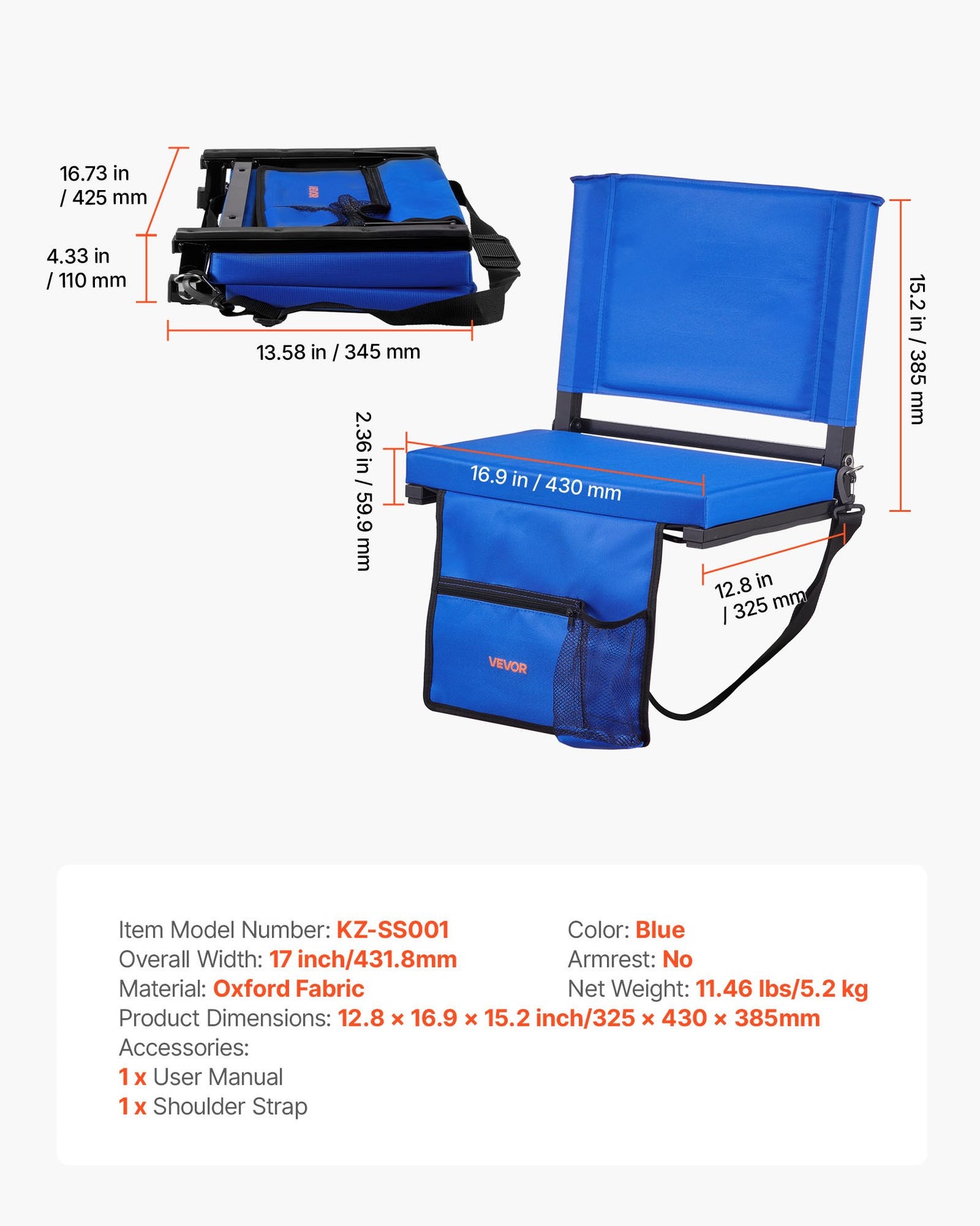Stadium Seat, Folding Bleacher Seat with Back Support & Thick Cushion, Padded Stadium Seats for Bleacher Includes Shoulder Strap, Hooks, Cup Holder, and Side Pocket, Blue Bleachers Chair