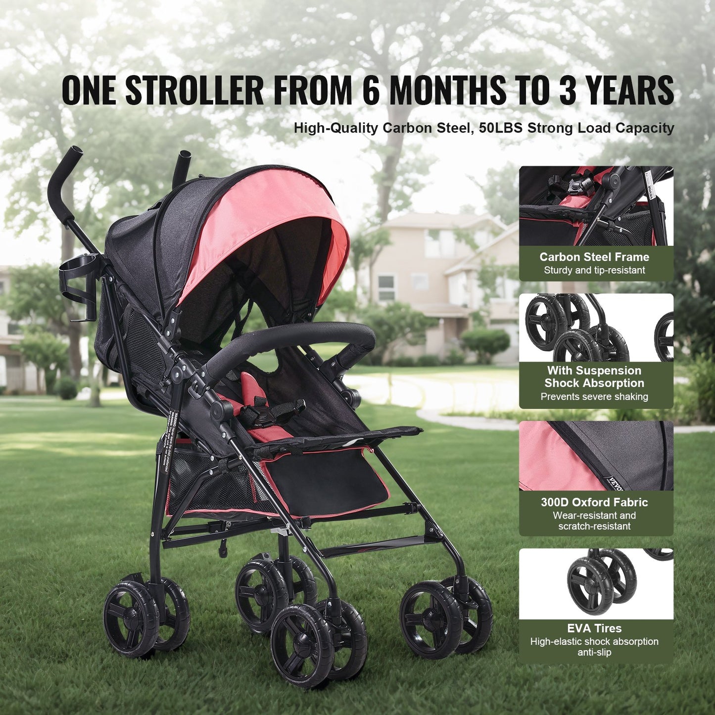 Lightweight Stroller Compact Foldable Adjustable Backrest Black/Pink