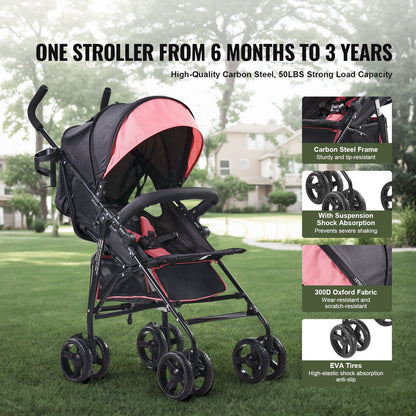 Lightweight Stroller Compact Foldable Adjustable Backrest Black/Pink