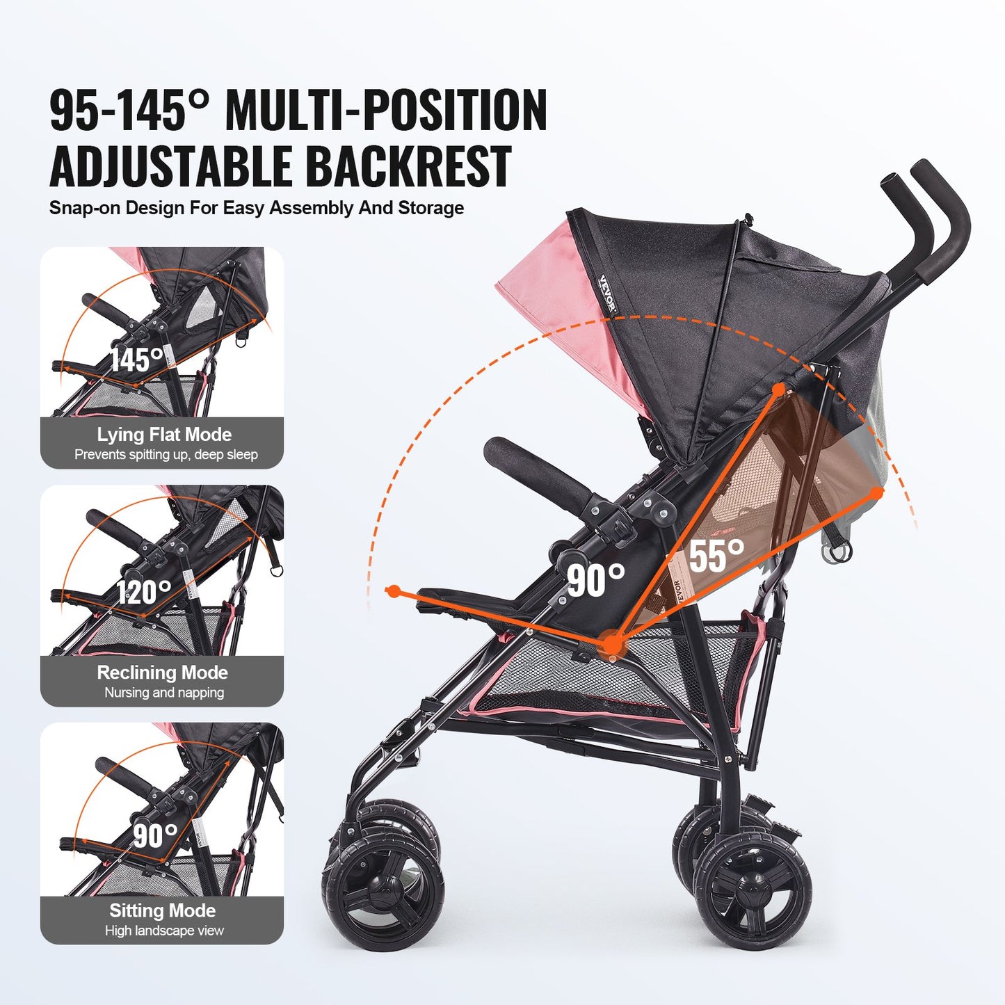 Lightweight Stroller Compact Foldable Adjustable Backrest Black/Pink