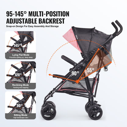Lightweight Stroller Compact Foldable Adjustable Backrest Black/Pink