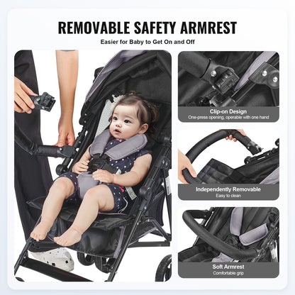 Lightweight Stroller, Compact Easy Fold MultiPosition Recline Canopy Backrest, Carbon Steel Frame, Large Storage Basket,Cup Holder, Umbrella Toddler Baby Stroller for Travel, Light Gray/Black