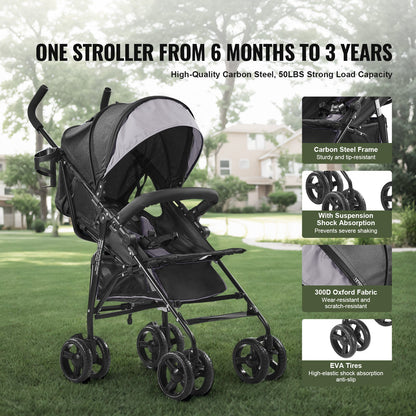 Lightweight Stroller, Compact Easy Fold MultiPosition Recline Canopy Backrest, Carbon Steel Frame, Large Storage Basket,Cup Holder, Umbrella Toddler Baby Stroller for Travel, Light Gray/Black