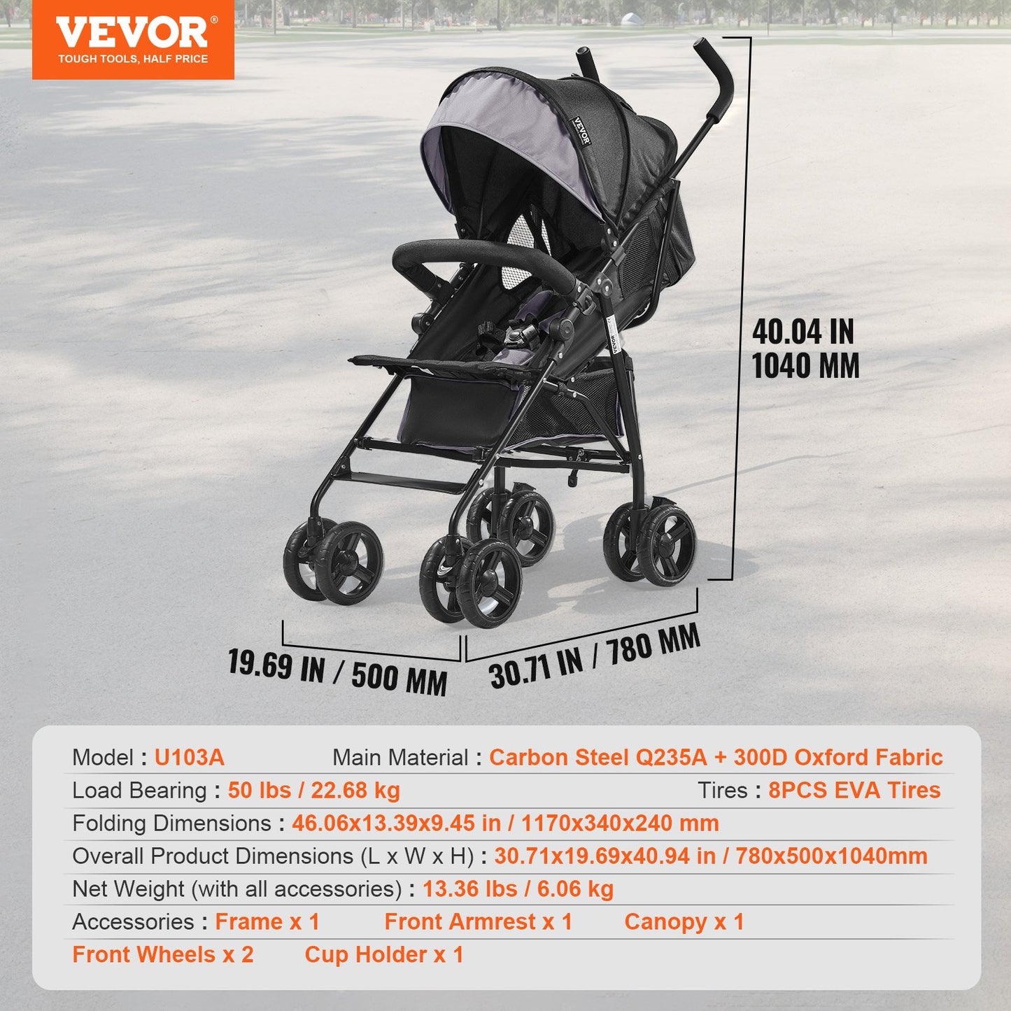Lightweight Stroller, Compact Easy Fold MultiPosition Recline Canopy Backrest, Carbon Steel Frame, Large Storage Basket,Cup Holder, Umbrella Toddler Baby Stroller for Travel, Light Gray/Black