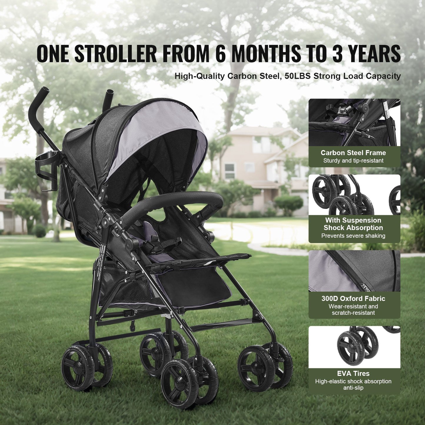 Lightweight Stroller Compact Foldable Adjustable Backrest Light Grey/Black