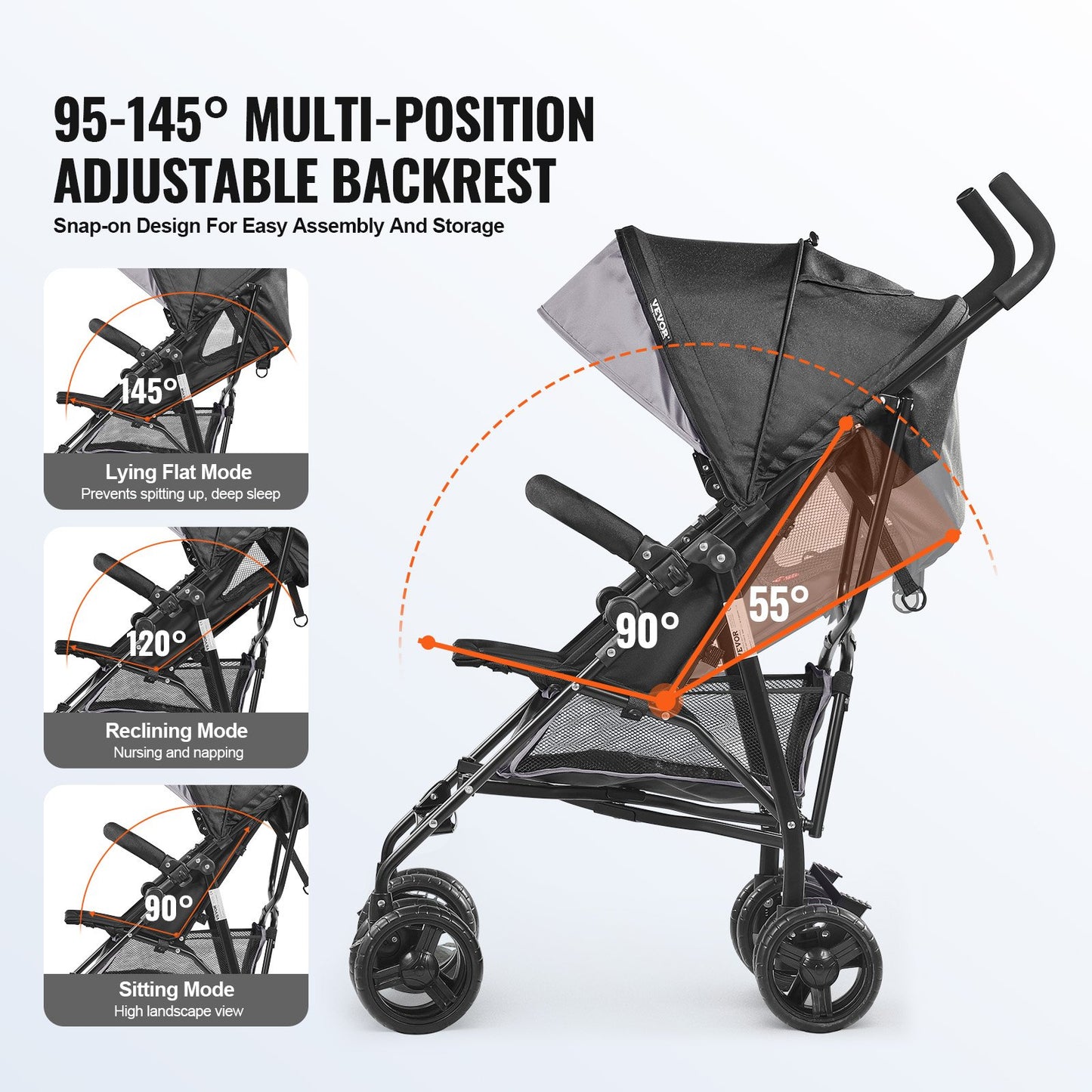 Lightweight Stroller Compact Foldable Adjustable Backrest Light Grey/Black