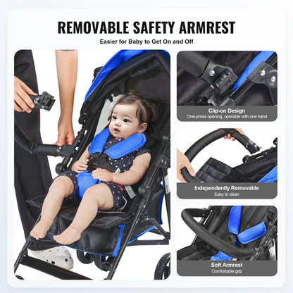 Lightweight Stroller, Compact Easy Fold MultiPosition Recline Canopy Backrest, Carbon Steel Frame, Large Storage Basket, Umbrella Toddler Baby Stroller for Travel and More, Black/Blue