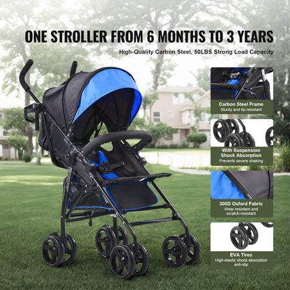 Lightweight Stroller, Compact Easy Fold MultiPosition Recline Canopy Backrest, Carbon Steel Frame, Large Storage Basket, Umbrella Toddler Baby Stroller for Travel and More, Black/Blue