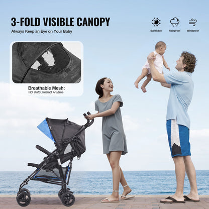 Lightweight Stroller, Compact Easy Fold MultiPosition Recline Canopy Backrest, Carbon Steel Frame, Large Storage Basket, Umbrella Toddler Baby Stroller for Travel and More, Black/Blue
