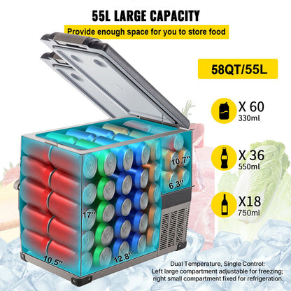 12 Volt Refrigerator, 58 Qt Car Refrigerator, Dual Zone Portable Freezer, Cooler Compressor Freezer with 12/24V DC and 110-240V AC, Freezer Fridge Cooler, for Car, Truck RV, Camping and Home Use