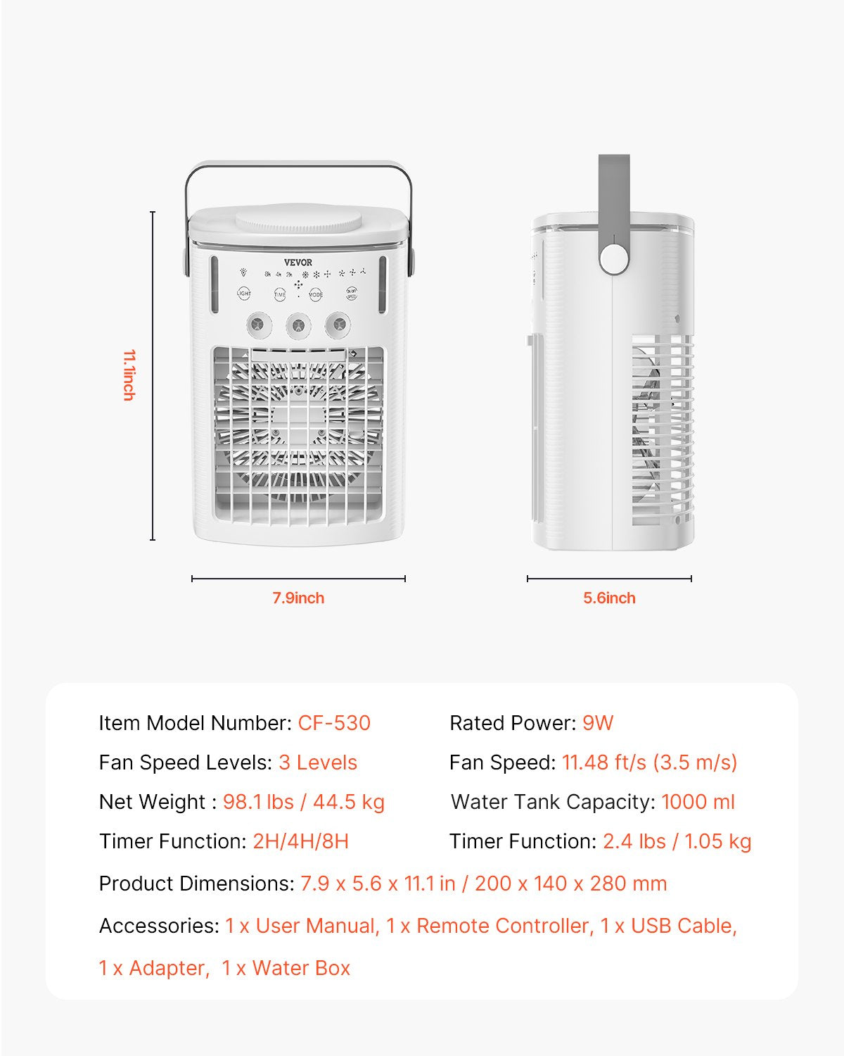 Portable Air Conditioner, 4-in-1 Evaporative Air Cooler with Remote Control, 3-Speed Mini Air Conditioner with Timer, 3 Mist Levels, 1L Water Tank, 120° Oscillating Mini AC Fan for Desktop Home