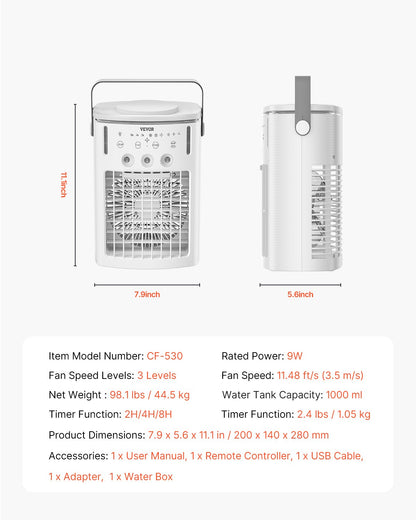 Portable Air Conditioner, 4-in-1 Evaporative Air Cooler with Remote Control, 3-Speed Mini Air Conditioner with Timer, 3 Mist Levels, 1L Water Tank, 120° Oscillating Mini AC Fan for Desktop Home