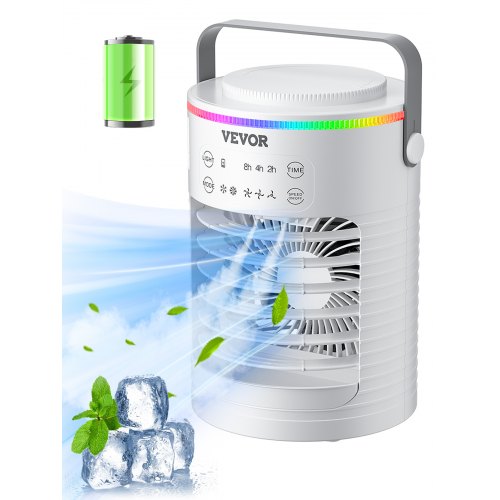 Portable Air Conditioner, 4-in-1 Evaporative Air Cooler, 3-Speed Mini Air Conditioner with Smart Timer, 600ml Water Tank, 7-Color Light, Personal Mini Desk AC Fan for Bedroom Office Room