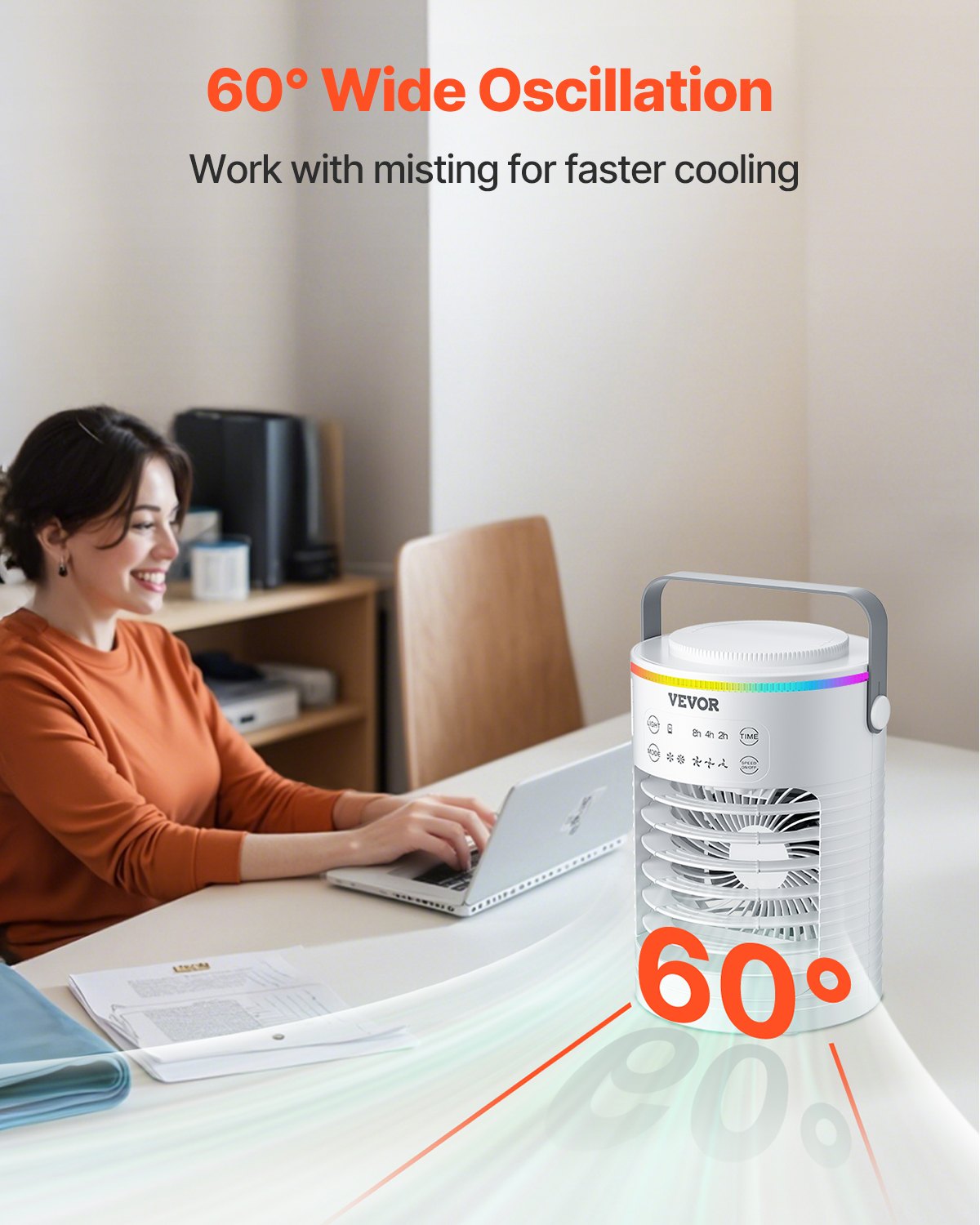 Portable Air Conditioner, 4-in-1 Evaporative Air Cooler, 3-Speed Mini Air Conditioner with Smart Timer, 600ml Water Tank, 7-Color Light, Personal Mini Desk AC Fan for Bedroom Office Room