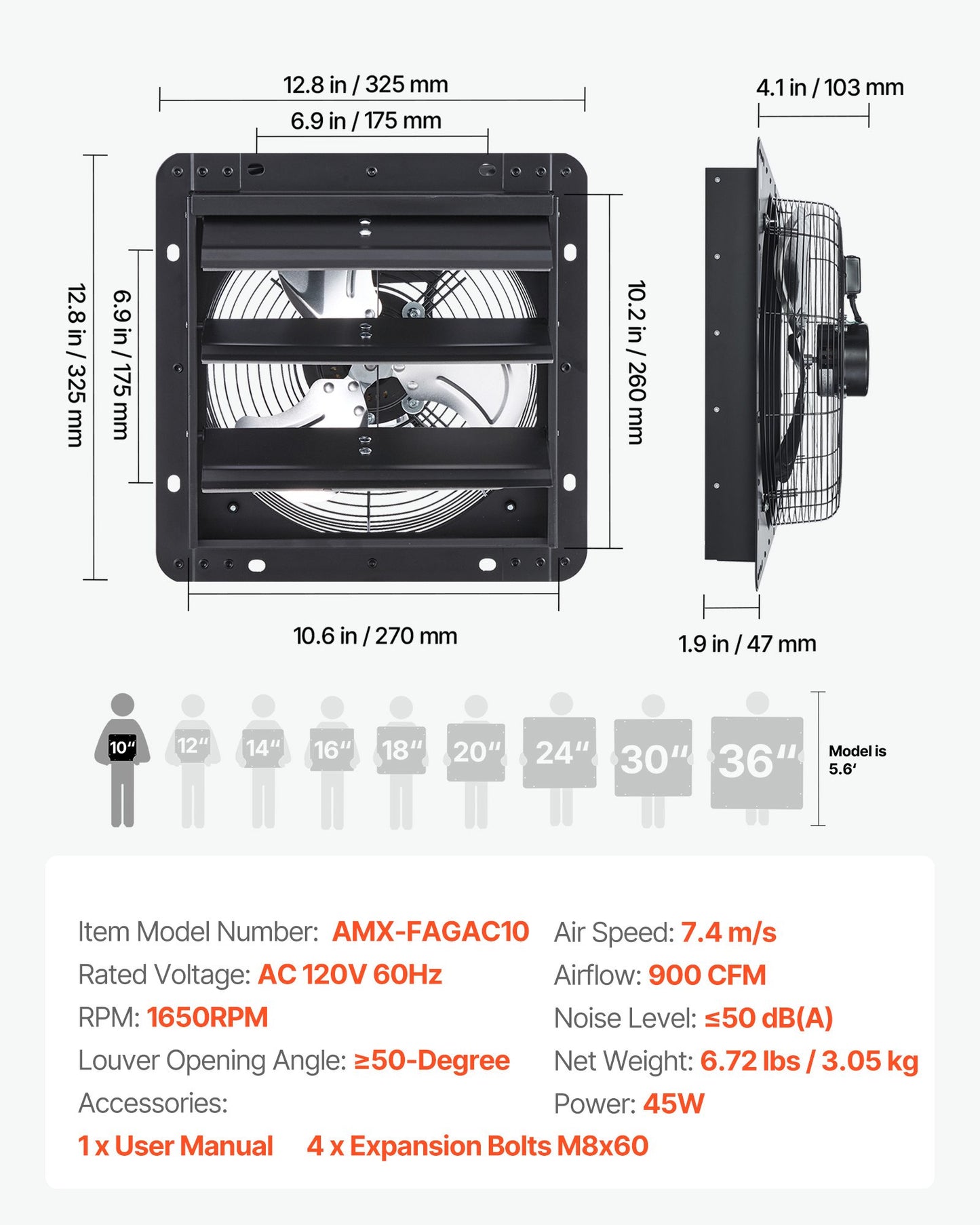 10 inch Shutter Exhaust Fan, Wall Mounted Attic Vent Fan with Variable Speed Controller, 900 CFM, AC Motor, Heavy-duty Steel, Low Noise for Shed, Garage, Greenhouse Ventilation Cooling, Black