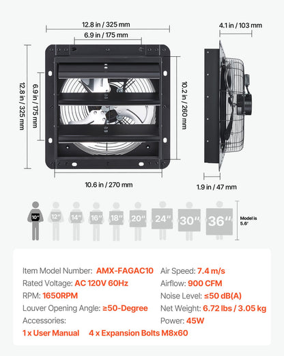 10 inch Shutter Exhaust Fan, Wall Mounted Attic Vent Fan with Variable Speed Controller, 900 CFM, AC Motor, Heavy-duty Steel, Low Noise for Shed, Garage, Greenhouse Ventilation Cooling, Black