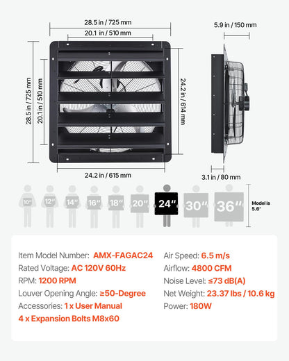 24 inch Shutter Exhaust Fan, Wall Mounted Attic Vent Fan with Variable Speed Controller, 4800 CFM, AC Motor, Heavy-duty Steel, Low Noise for Shed, Garage, Greenhouse Ventilation Cooling, Black