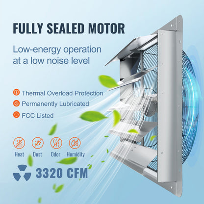 24'' Shutter Exhaust Fan, High-speed 3320 CFM, Aluminum Wall Mount Attic Fan with AC-motor, Ventilation and Cooling for Greenhouses, Garages, Sheds, Shops, FCC