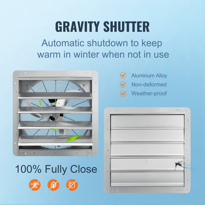 24'' Shutter Exhaust Fan, High-speed 3320 CFM, Aluminum Wall Mount Attic Fan with AC-motor, Ventilation and Cooling for Greenhouses, Garages, Sheds, Shops, FCC