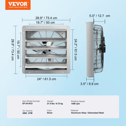 24'' Shutter Exhaust Fan, High-speed 3320 CFM, Aluminum Wall Mount Attic Fan with AC-motor, Ventilation and Cooling for Greenhouses, Garages, Sheds, Shops, FCC
