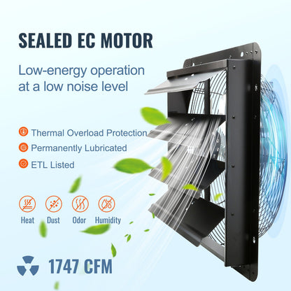 Shutter Exhaust Fan, 16'' with Temperature Humidity Controller, EC-motor, 1550 CFM, 10-Speed Adjustable Wall Mount Attic Fan, Ventilation and Cooling for Greenhouses, Garages, Sheds, ETL Listed
