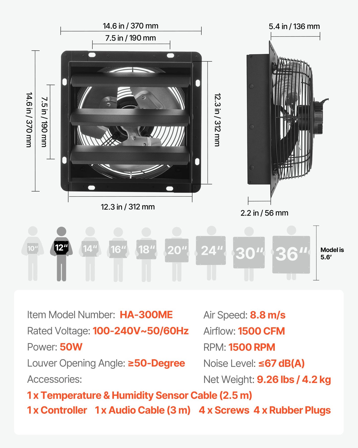 12 inch Shutter Exhaust Fan, Wall Mounted Attic Vent Fan with Smart Programming Variable Speed Temperature Control, 1500 CFM,EC Motor,Timer, for Shed,Garage,Greenhouse Ventilation Cooling,Black