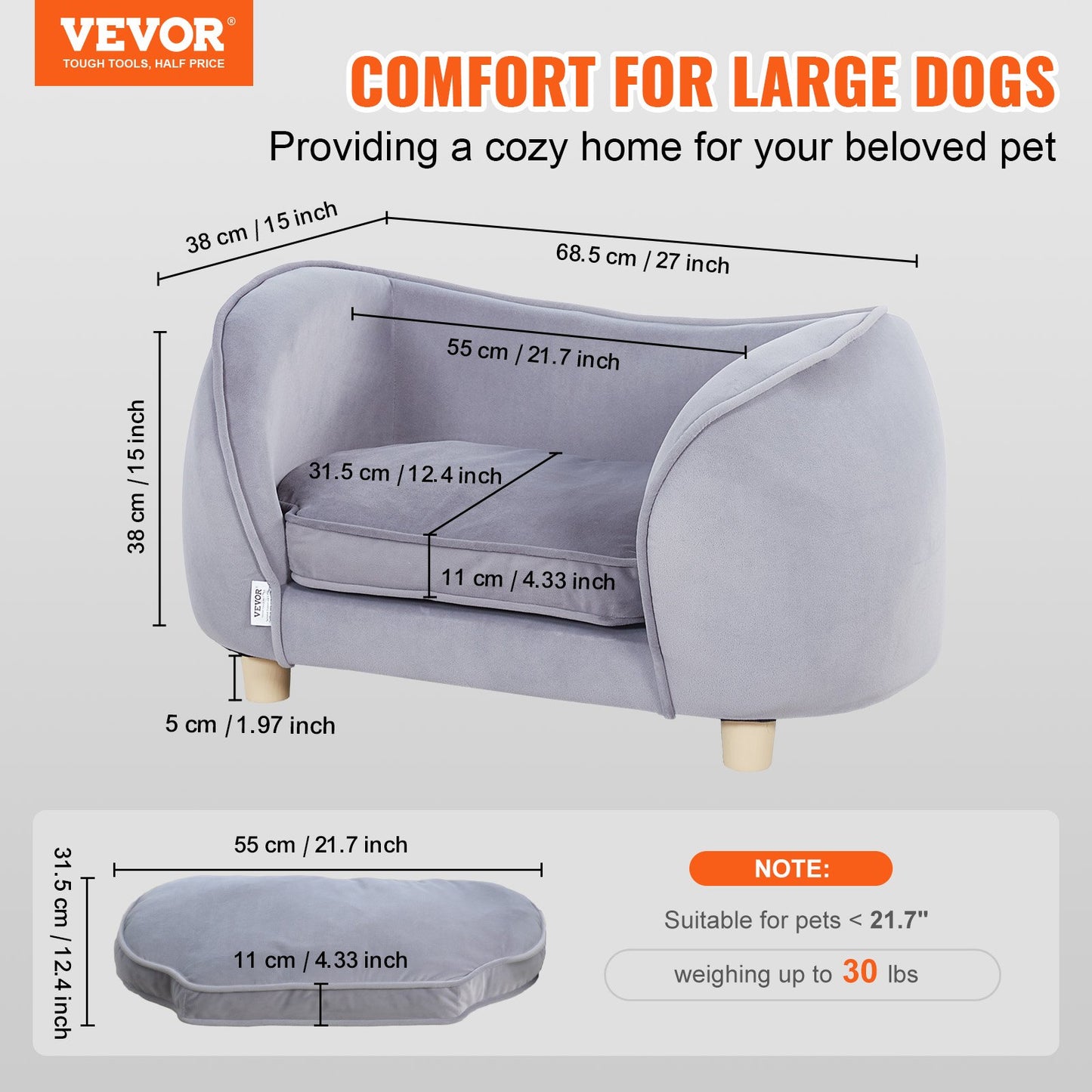 Pet Sofa, Dog Sofa for Small Dogs and Cats, Soft Velvety Dog Sofa, 66 lbs Loading Cat Sofa, Dark Gray
