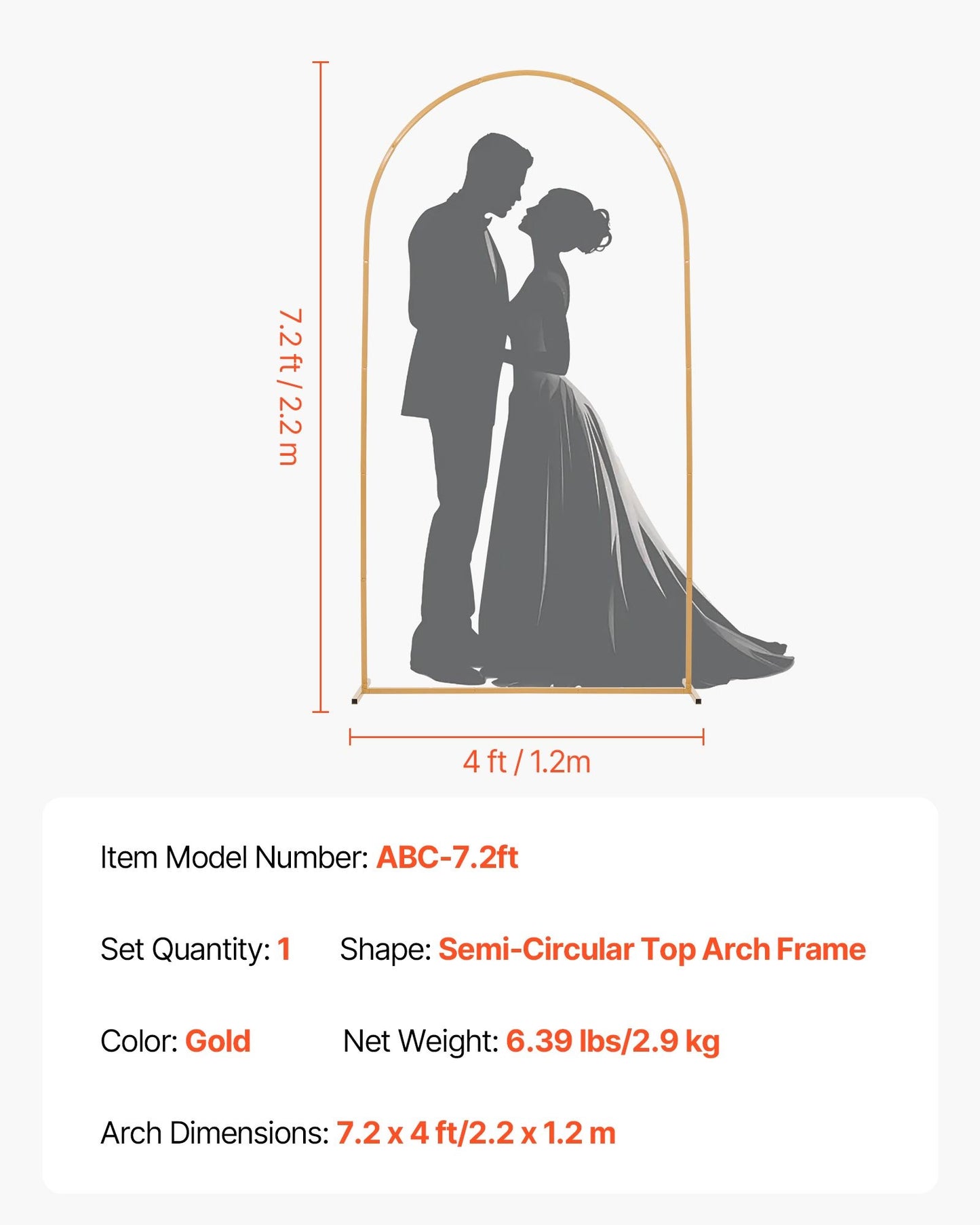 Arch Backdrop Stand, 7.2 x 4 ft, Stable Structure, Easy Assembly, 1 Piece Gold Metal Arch Backdrop Stand for Wedding, Birthday Party, Graduation, Holiday Celebration, and Ceremony Decoration