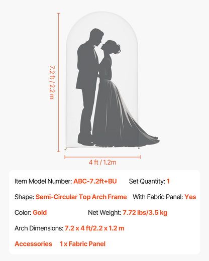 Arch Backdrop Stand, 7.2 x 4 ft, Stable Structure, Easy Assembly, 1 Piece Gold Metal Arch Backdrop Stand with Cover for Wedding, Birthday Party, Holiday Celebration, and Ceremony Decoration