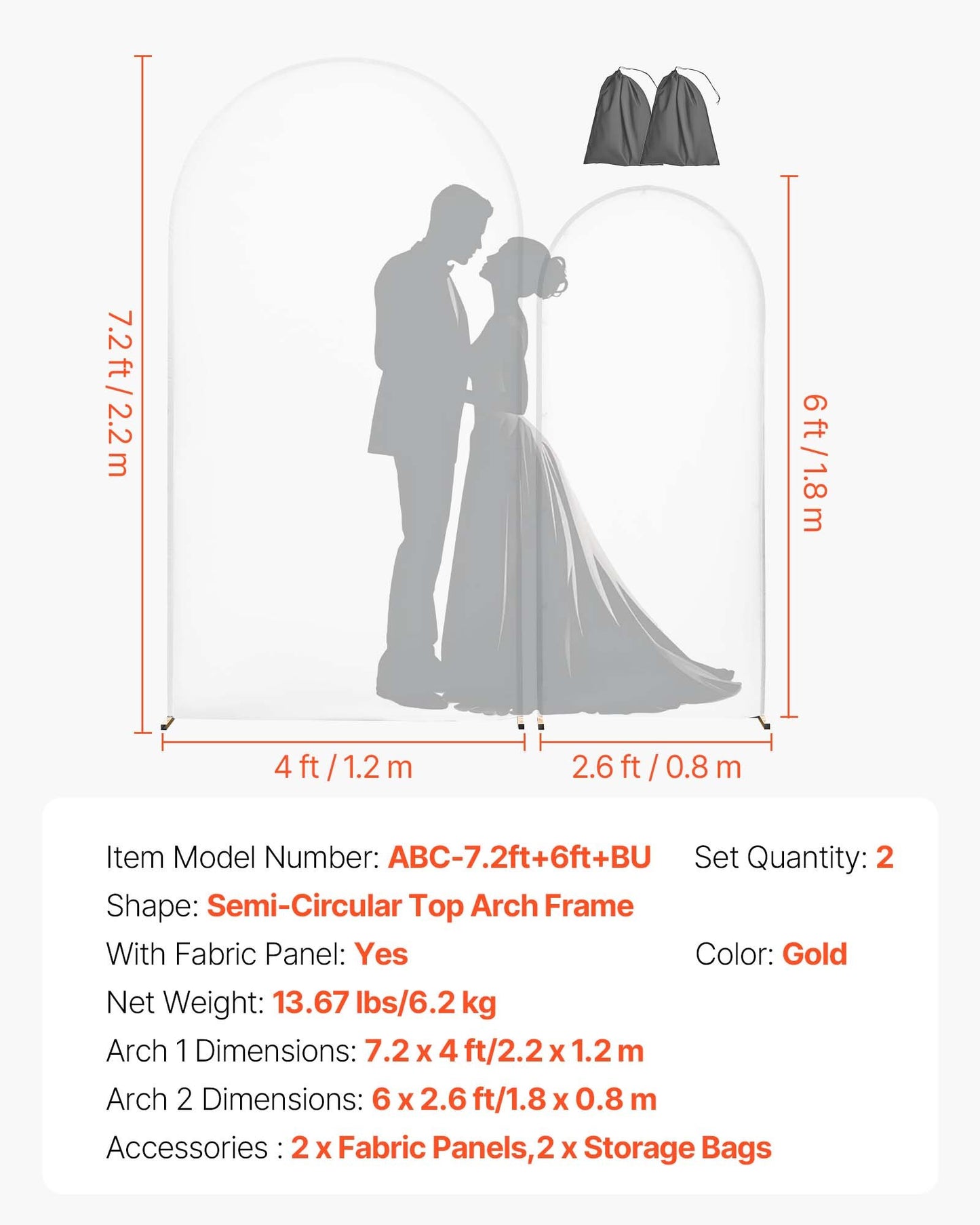 Arch Backdrop Stand, Set of 2, 7.2 ft and 6 ft, Stable Structure, Easy Assembly, Gold Metal Arch Backdrop Stand with Cover for Wedding, Birthday Party, Celebration, and Ceremony Decoration