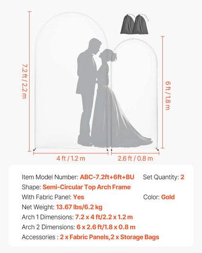 Arch Backdrop Stand, Set of 2, 7.2 ft and 6 ft, Stable Structure, Easy Assembly, Gold Metal Arch Backdrop Stand with Cover for Wedding, Birthday Party, Celebration, and Ceremony Decoration