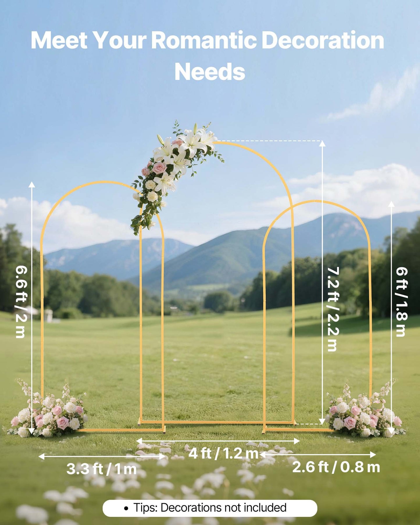 Arch Backdrop Stand, Set of 3, 7.2/6.6/6 ft, Stable Structure, Easy Assembly, Gold Metal Arch Backdrop Stand for Wedding, Birthday Party, Graduation, Holiday Celebration, and Ceremony Decoration