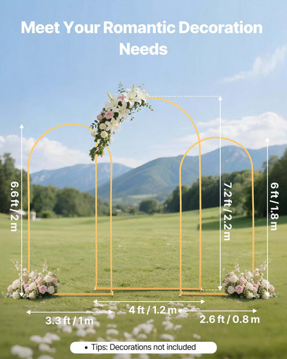 Arch Backdrop Stand, Set of 3, 7.2/6.6/6 ft, Stable Structure, Easy Assembly, Gold Metal Arch Backdrop Stand for Wedding, Birthday Party, Graduation, Holiday Celebration, and Ceremony Decoration
