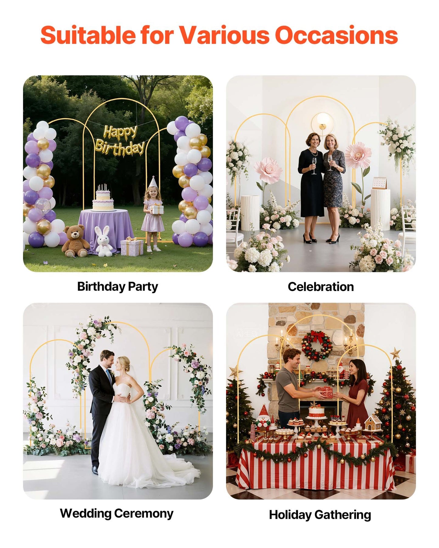 Arch Backdrop Stand, Set of 3, 7.2/6.6/6 ft, Stable Structure, Easy Assembly, Gold Metal Arch Backdrop Stand for Wedding, Birthday Party, Graduation, Holiday Celebration, and Ceremony Decoration