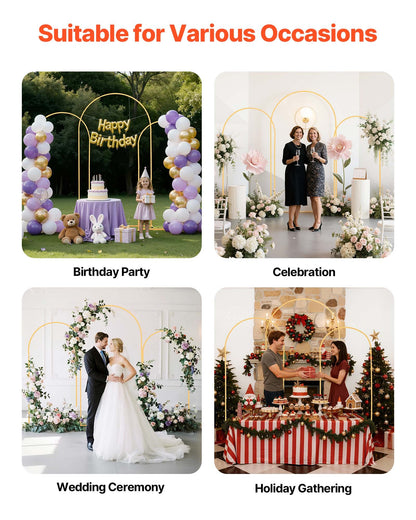 Arch Backdrop Stand, Set of 3, 7.2/6.6/6 ft, Stable Structure, Easy Assembly, Gold Metal Arch Backdrop Stand for Wedding, Birthday Party, Graduation, Holiday Celebration, and Ceremony Decoration