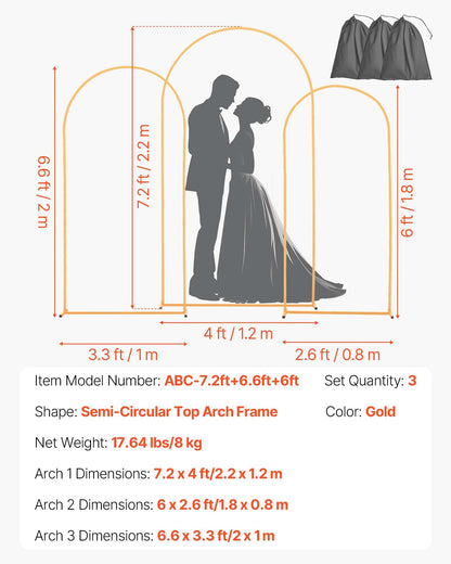 Arch Backdrop Stand, Set of 3, 7.2/6.6/6 ft, Stable Structure, Easy Assembly, Gold Metal Arch Backdrop Stand for Wedding, Birthday Party, Graduation, Holiday Celebration, and Ceremony Decoration
