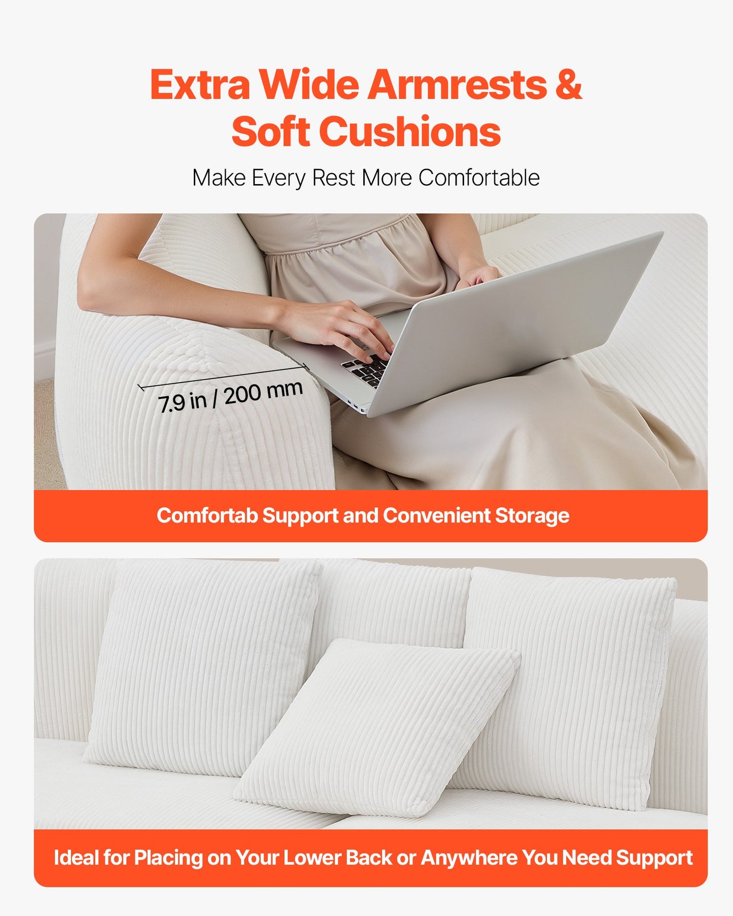 Luxury Modern Cloud Plush Sectional Sofa, 112" Curved Modular Couch with 4 Pillows - Oversized Deep Seat Corduroy Fabric for Living Room, Apartment, Office, No Assembly Needed, White